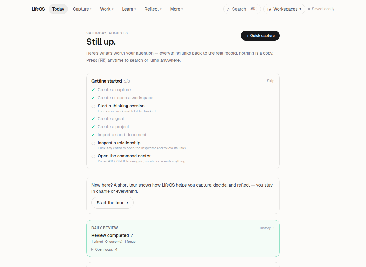 LifeOS Today surface showing daily orientation, quick capture, onboarding checklist, and daily review summary.